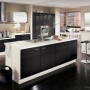 kitchen-cabinets-modern-two-tone-190-A097a-black-white-brown-walls-island-seating